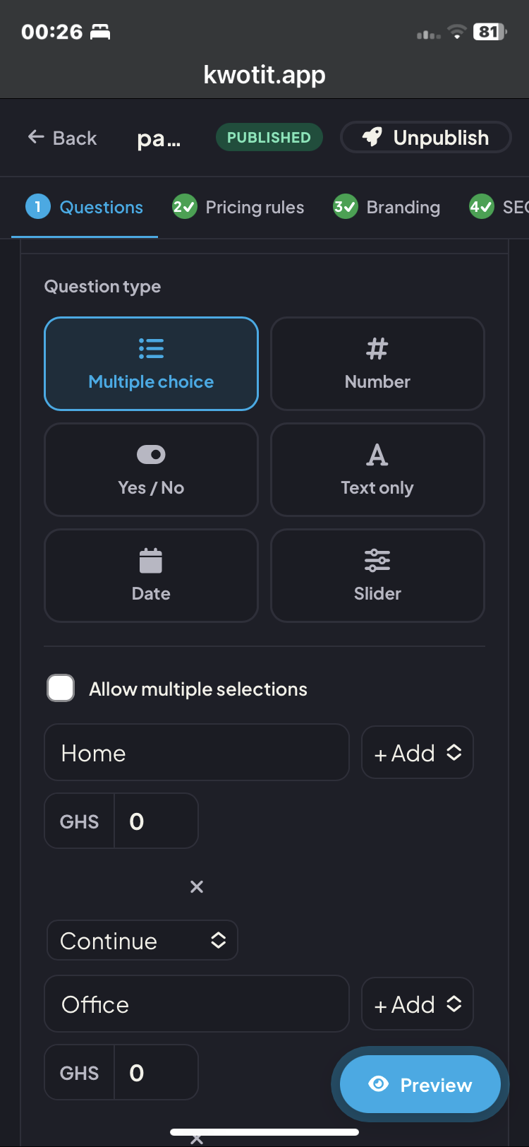 A KwoTit form that shows a live price to a customer