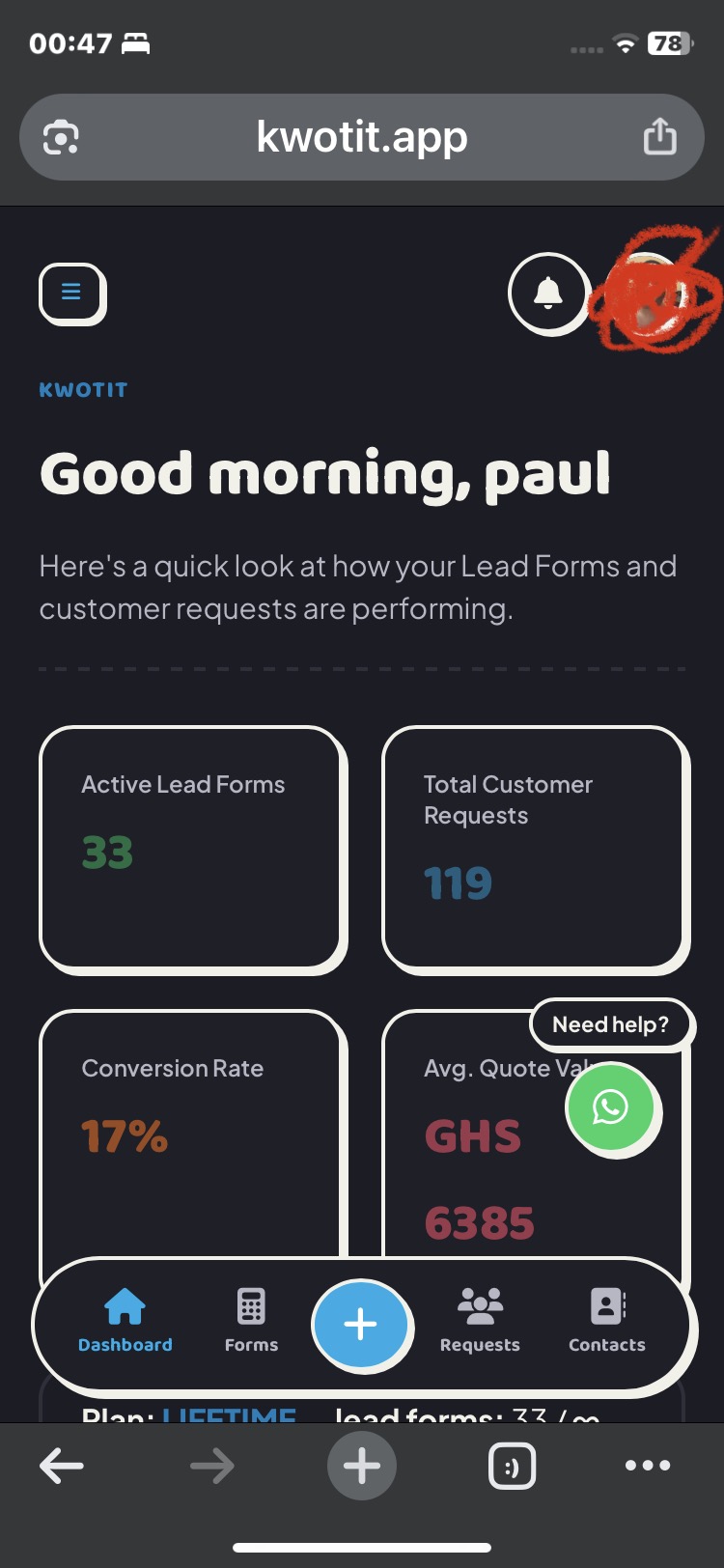 A KwoTit form that shows a live price to a customer