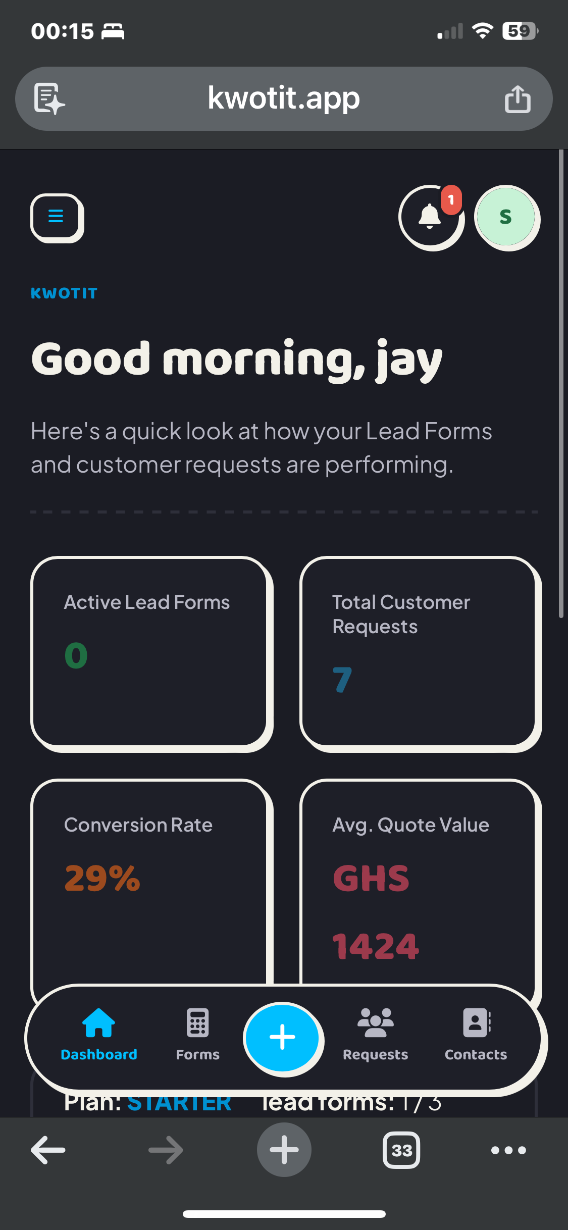 A KwoTit dashboard that shows saved leads and quotes